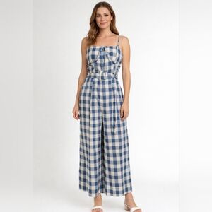 Blue White Checked Wide Leg Jumpsuit Underwire Bust Belt Pockets Sizes S,M,L NWT